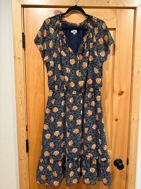 LOFT Navy Dress with Orange Floral Accents